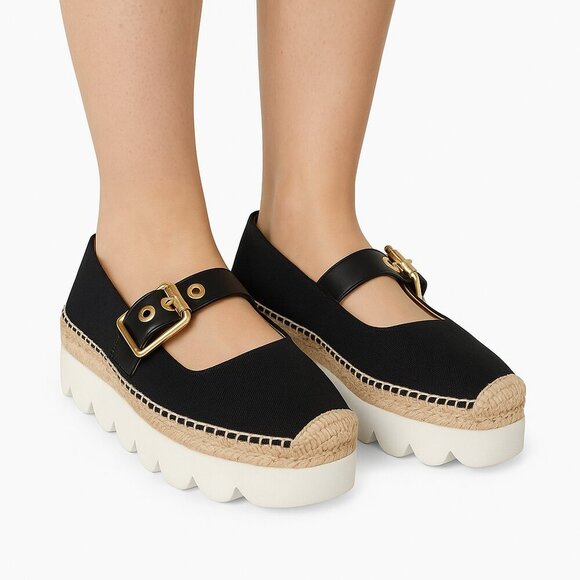 Marni Platform Mary Jane Espadrille Shoes Black Canvas Gold Buckle - Picture 1 of 12